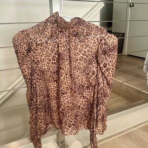 Monique Lhuillier Leopard Blouse Ruched Sheer Puff Sleeve Top M